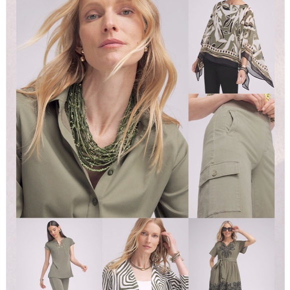 Chico’s khaki/olive long-sleeve blouse with patch pockets on front & epaulettes - Picture 14 of 15